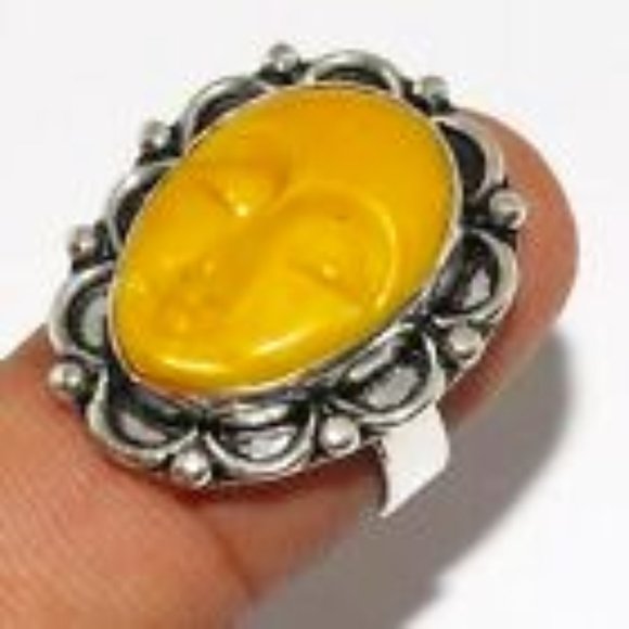 Artisan Handmade Yellow Carved Face Silver Ring - Picture 2 of 4
